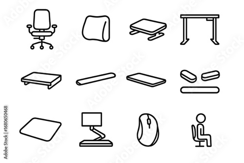 Ergonomic Office Icon Set. Outline icon set of ergonomic home office gear: ergonomic chair, lumbar pillow,