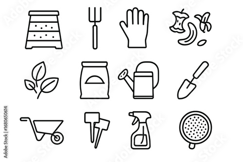 Urban Composting Icons. Outline icon set of composting for urban gardens: compost bin, pitchfork, gloves, food