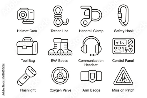 Spacewalk Suit Accessories. Outline icon set of spacewalk suit accessories: helmet cam, tether line, handrail
