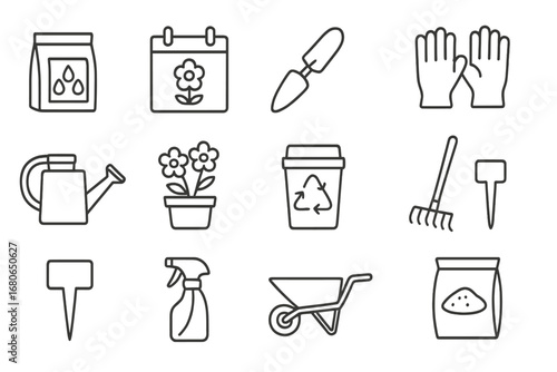 Seasonal Planting Icons. Outline icon set of seasonal planting: seed packet, calendar, trowel, gloves,