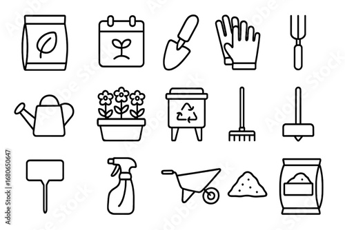 Seasonal Planting Icons. Outline icon set of seasonal planting: seed packet, calendar, trowel, gloves,
