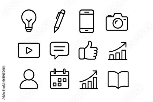 Business Storytelling Icons. Outline icon set of business storytelling online: light bulb, pen, smartphone,