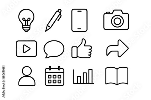 Business Storytelling Icons. Outline icon set of business storytelling online: light bulb, pen, smartphone,