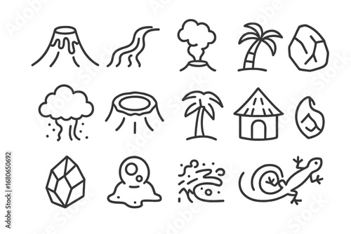 Volcanic Icon Set. Outline icon set of volcanic landscapes: volcano cone, lava flow, smoke plume, rock, ash