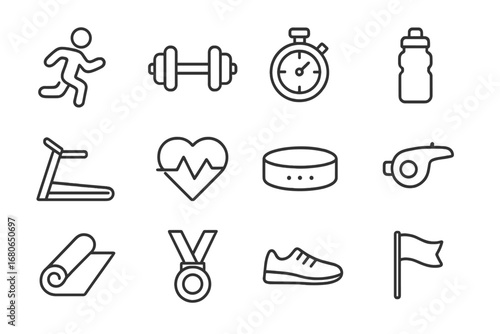 Sports Training Icons. Outline icon set of sports training: runner, dumbbell, stopwatch, water bottle,