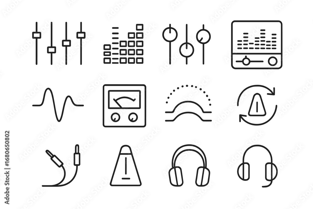 Fototapeta premium Sound Engineering Icons. Outline icon set of sound engineering tools: faders, equalizer, knobs, spectrum