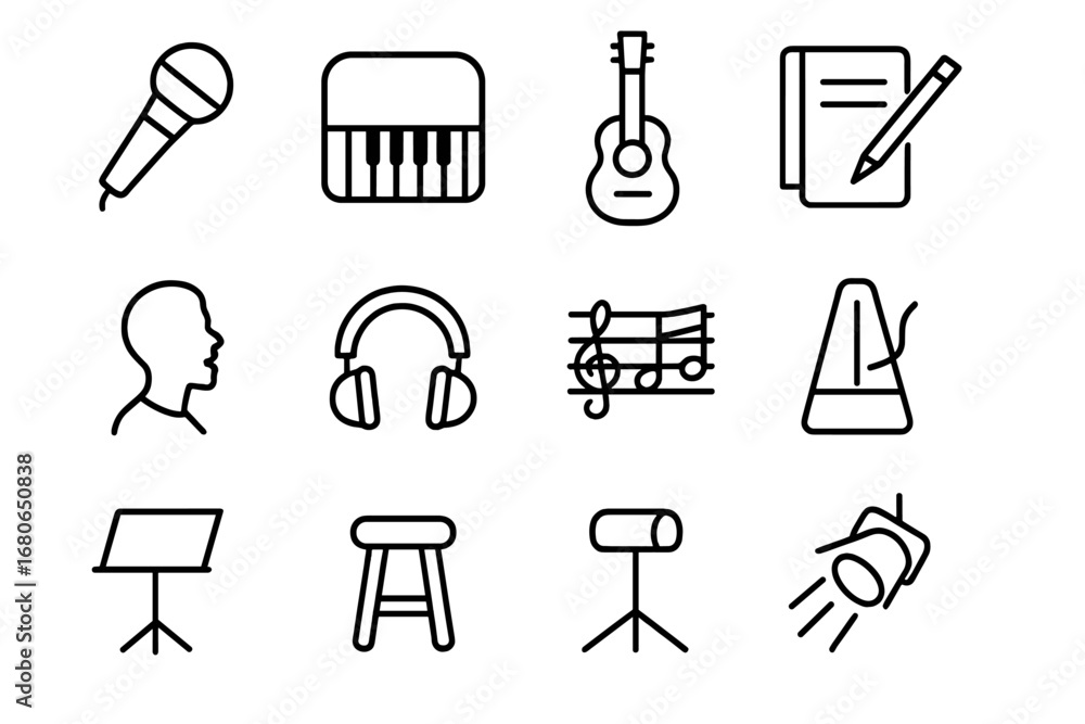 Fototapeta premium Music Rehearsal Icons. Outline icon set of music rehearsal: microphone, piano, guitar, notebook, pencil,