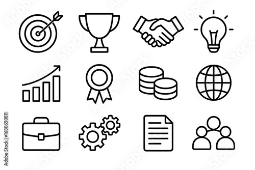 Business Icon Set. Outline icon set of competitive business edge: target, trophy, handshake, lightbulb, bar