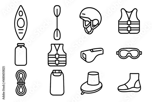 Kayaking Gear Icons. Outline icon set of kayaking equipment: kayak, paddle, helmet, gloves, waterproof bag,
