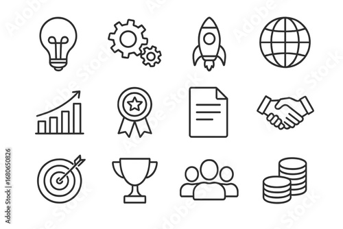 Innovation Icon Set. Outline icon set of innovation-driven enterprises: lightbulb, gears, rocket, globe, bar