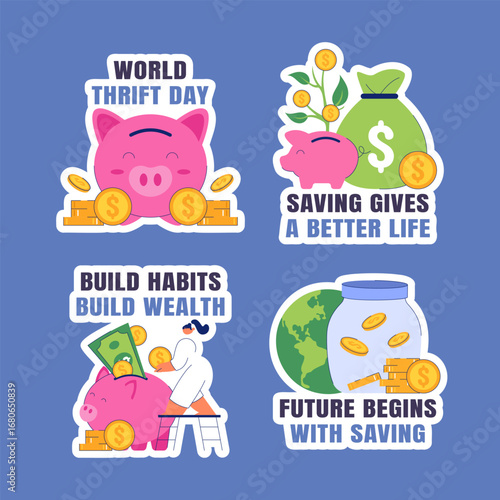 World Thrift Day Flat Cartoon Label Design with Hand Drawn Background Templates