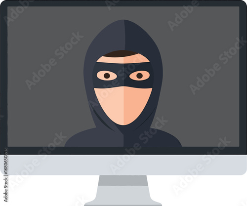 Minimal flat computer monitor with masked thief face representing identity theft