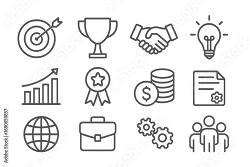 Business Icon Set. Outline icon set of competitive business edge: target, trophy, handshake, lightbulb, bar