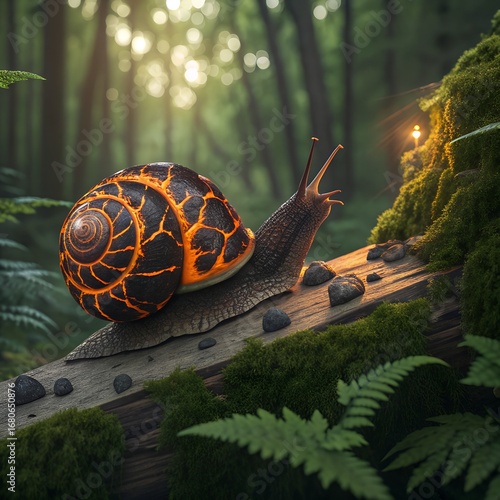 A large snail with a glowing, lava-like shell crawls on a log in a lush green forest. Ferns surround the scene, creating a serene natural environment.