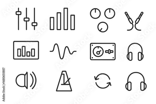 Sound Engineering Icons. Outline icon set of sound engineering tools: faders, equalizer, knobs, spectrum