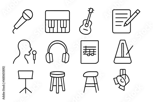 Music Rehearsal Icons. Outline icon set of music rehearsal: microphone, piano, guitar, notebook, pencil,