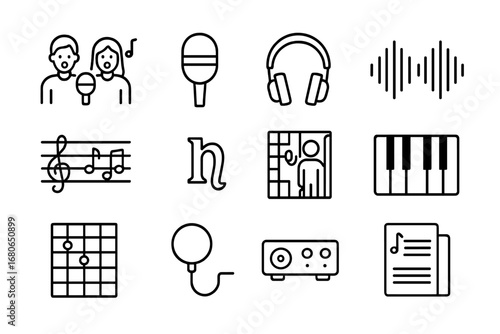 Harmony Icon Set. Outline icon set of harmony and backing vocals: two singers, microphone, headphones, sound