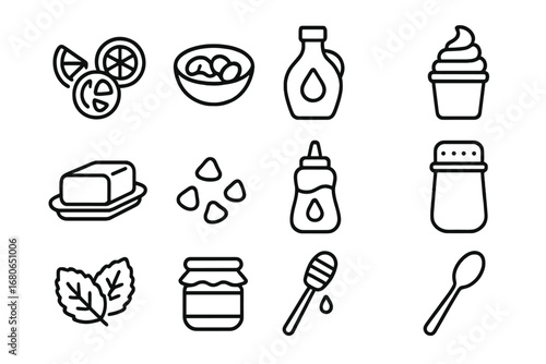 Pancake Topping Icons. Outline icon set of preparing toppings for pancakes: fruit slices, nut bowl, syrup