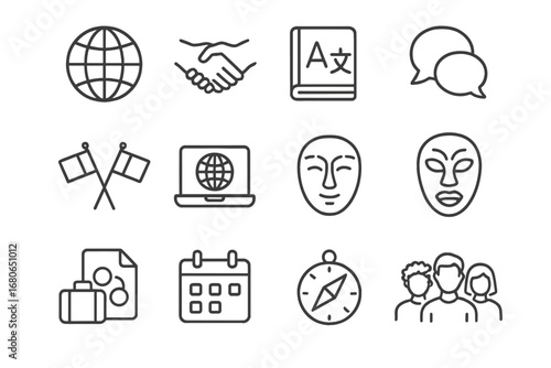 Cross-Cultural Icon Set. Outline icon set of cross-cultural collaboration: globe, handshake, translation book,