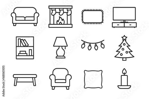 Holiday Living Room Icons. Outline icon set of holiday living room: sofa, fireplace, rug, television,