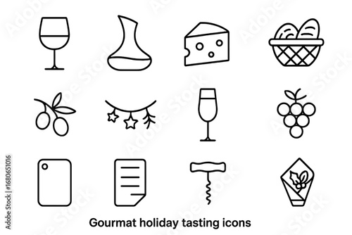 Gourmet Holiday Icons. Outline icon set of gourmet holiday tasting: wine glass, wine decanter, cheese block,