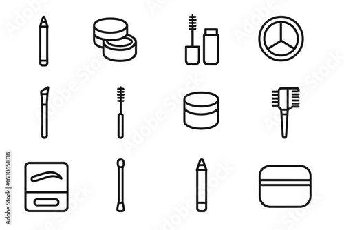 Brow Kit Icons. Outline icon set of makeup artist brow kit: brow pencil, brow pomade, brow gel, brow powder,