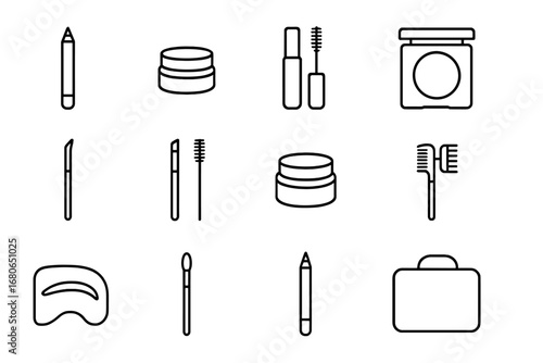 Brow Kit Icons. Outline icon set of makeup artist brow kit: brow pencil, brow pomade, brow gel, brow powder,