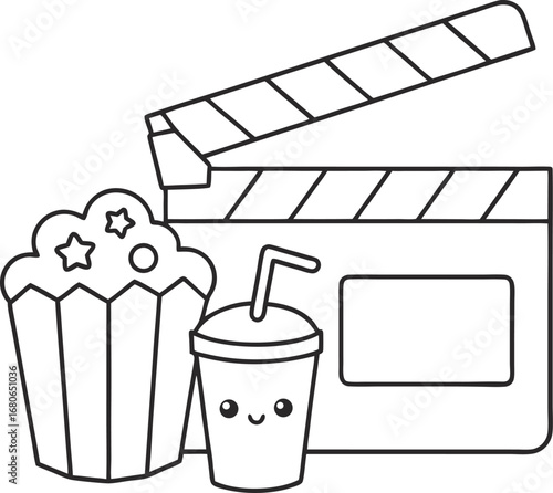 Movie night clip art illustration with popcorn, drink, and clapperboard for coloring book or design project