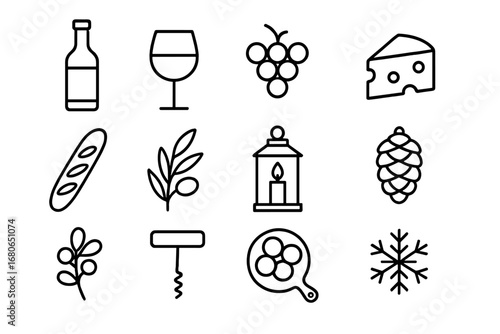 Winter Vineyard Icon Set. Outline icon set of winter vineyard tasting: wine bottle, wine glass, grape cluster,