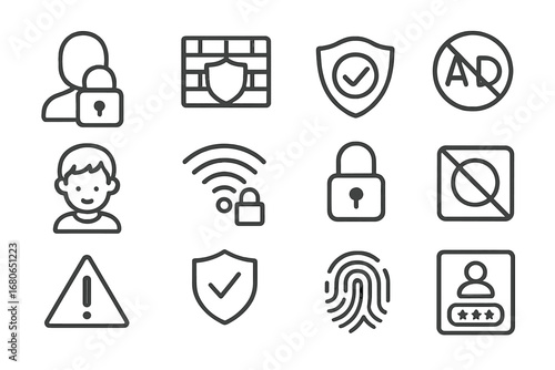 Safe Internet Icons. Outline icon set of safe internet use for children: parental lock, firewall shield, safe