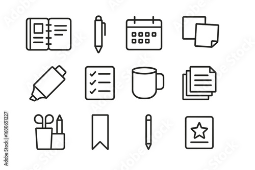 Goal Setting Icons. Outline icon set of writing for goal setting: planner, pen, calendar, sticky notes,