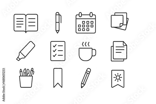 Goal Setting Icons. Outline icon set of writing for goal setting: planner, pen, calendar, sticky notes,
