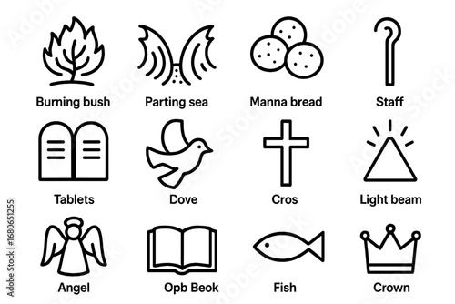 Old Testament Icon Set. Outline icon set of Old Testament miracles: burning bush, parting sea, manna bread,