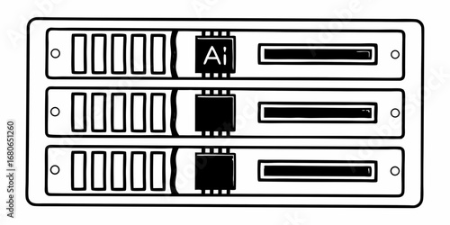 Three server racks with ai chip and slots in a hand drawn style illustration of computer hardware