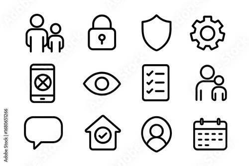 Parental Control Icons. Outline icon set of parental guidance for devices: parent figure, child figure, lock,