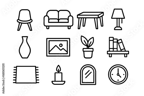 Home Decor Icons. Outline icon set of flat and 3D home decor: chair, sofa, table, lamp, vase, picture frame,