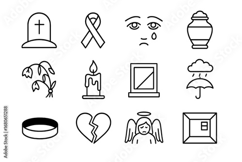 Icons of Grief. Outline icon set of loss and grief: grave, mourning ribbon, sad eyes, urn, wilted bouquet,