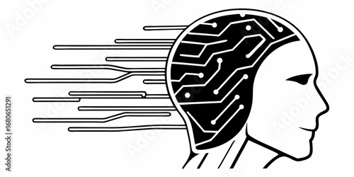 Stylized head with circuit board pattern and lines emanating from it in black and white design