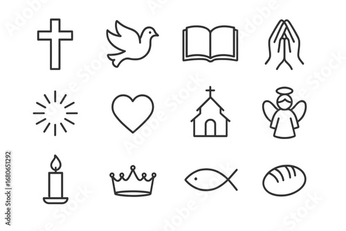 Christian Hope Icons. Outline icon set of Christian hope: cross, dove, open Bible, praying hands, rays of