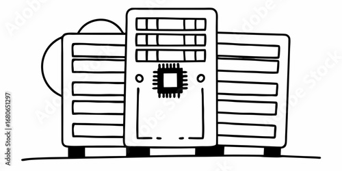 Illustration of a server rack with multiple bays and a central processing unit in a simple style