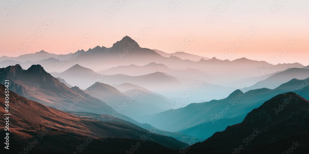 Obraz premium Beautiful misty mountain landscape at sunrise with pastel sky and layered peaks.