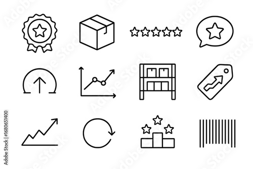 Product Performance Icons. Outline icon set of product performance: best seller badge, product box, star