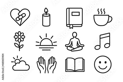 Emotional Healing Icons. Outline icon set of emotional healing after heartbreak: heart with bandage, candle,