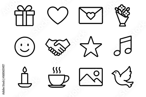 Appreciation Icon Set. Outline icon set of expressing appreciation: gift, heart, letter, flower bouquet, smile