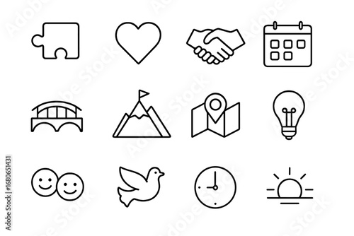 Symbolic Unity Icons. Outline icon set of rebuilding together: puzzle piece, heart, handshake, calendar,