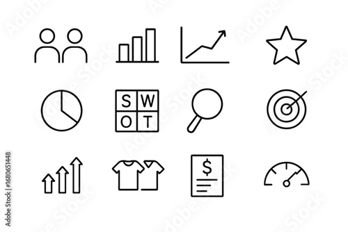 Benchmarking Icon Set. Outline icon set of competitive benchmarking: competitor icon, bar comparison, trend