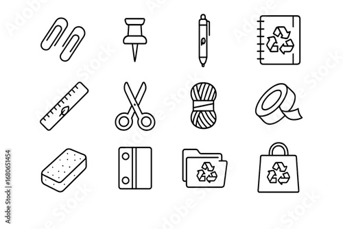 Biodegradable Stationery Icons. Outline icon set of biodegradable stationery: paper clips, push pins,