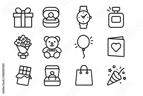 Surprise Gift Icons. Outline icon set of surprise gifts: gift box with ribbon, jewelry case, watch, perfume