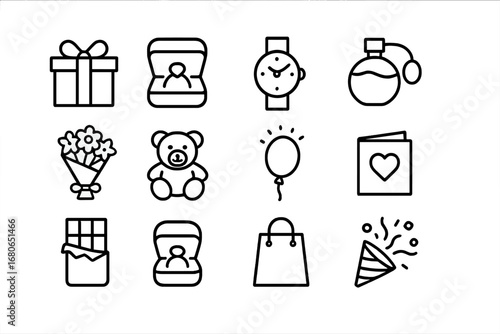 Surprise Gift Icons. Outline icon set of surprise gifts: gift box with ribbon, jewelry case, watch, perfume