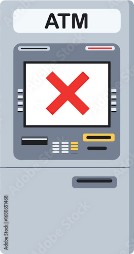 Minimal flat ATM machine with red cross mark representing cyber financial attack